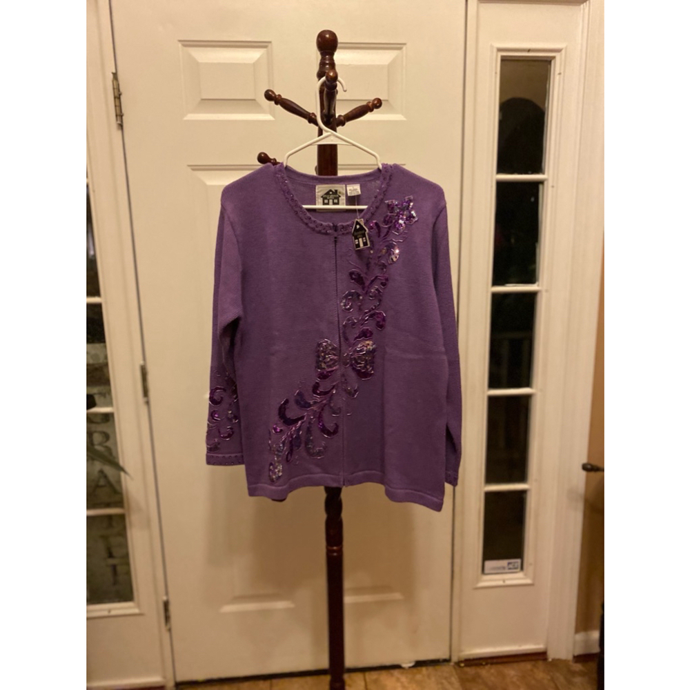 Storybook Vintage Knits purple sequin and beaded zip front sweater size L
